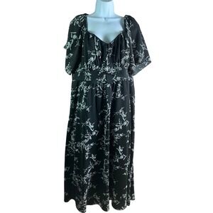 Black Floral Smocked‎ Back Midi Dress Plus Size 3X Short Sleeve Square Neck